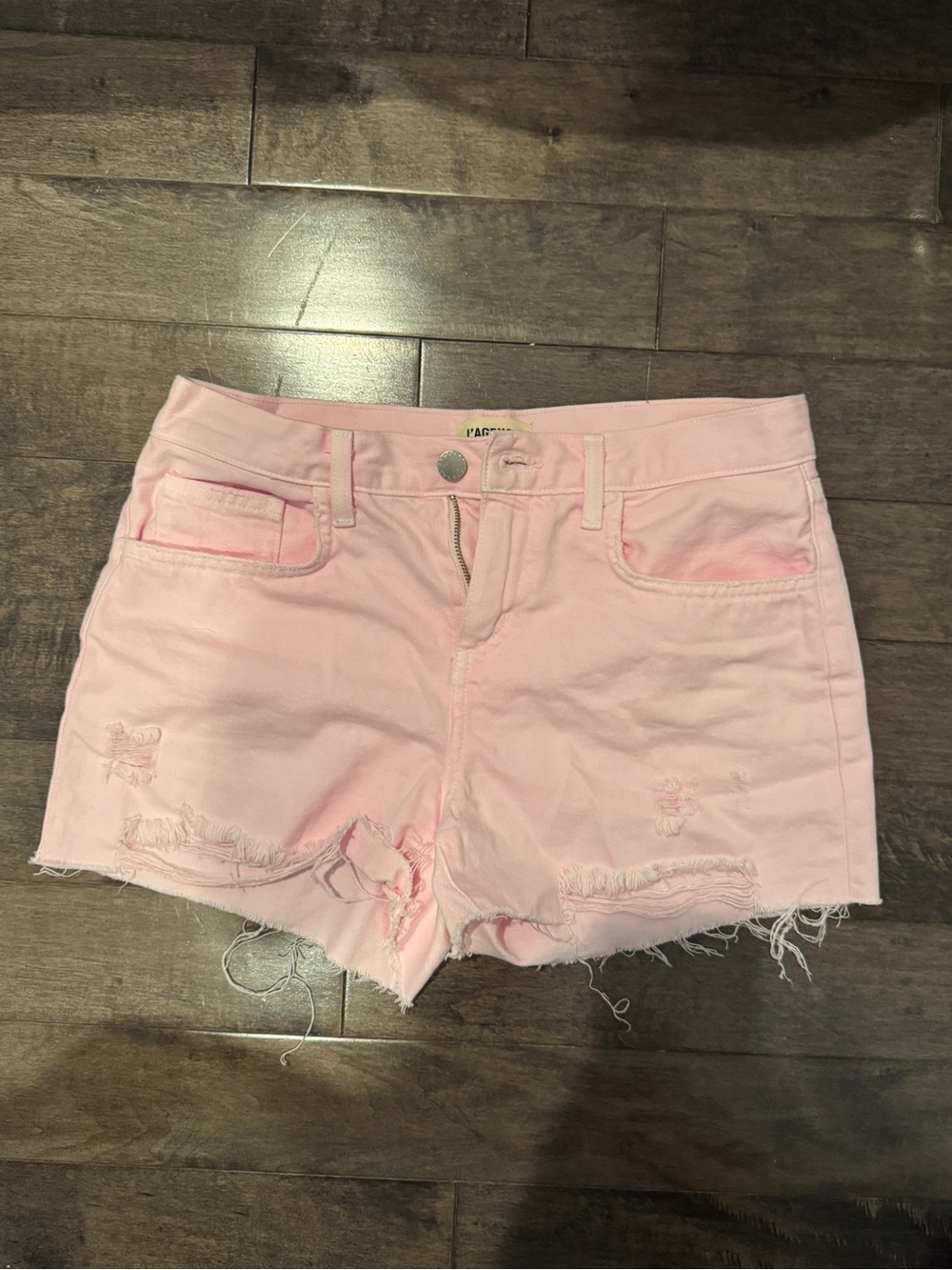 L'AGENCE Pastel Pink Distressed Denim Shorts